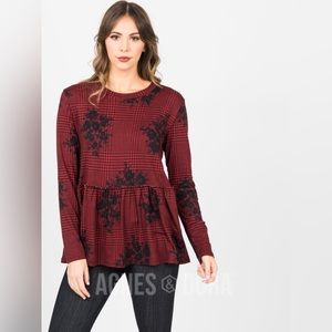 Relaxed Ruffle Tee Long Sleeve Red Houndstooth Floral